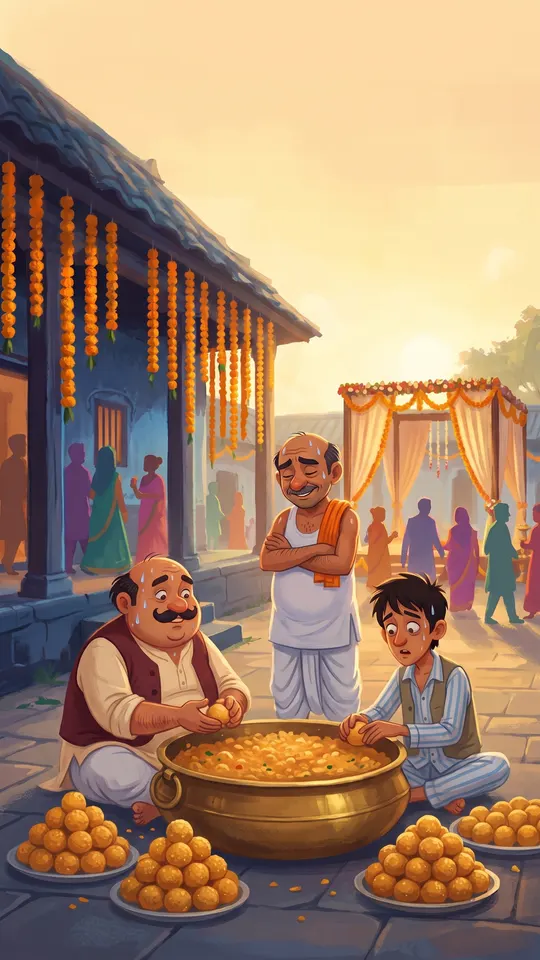 ಮರುದಿನ ಬೆಳಿಗ್ಗೆ: ಇಬ್ಬರು ಕಳ್ಳರು ಮದುವೆಗೆ ಹೊಸ ಲಾಡು ಕಟ್ಟುತ್ತಿದ್ದಾರೆ.