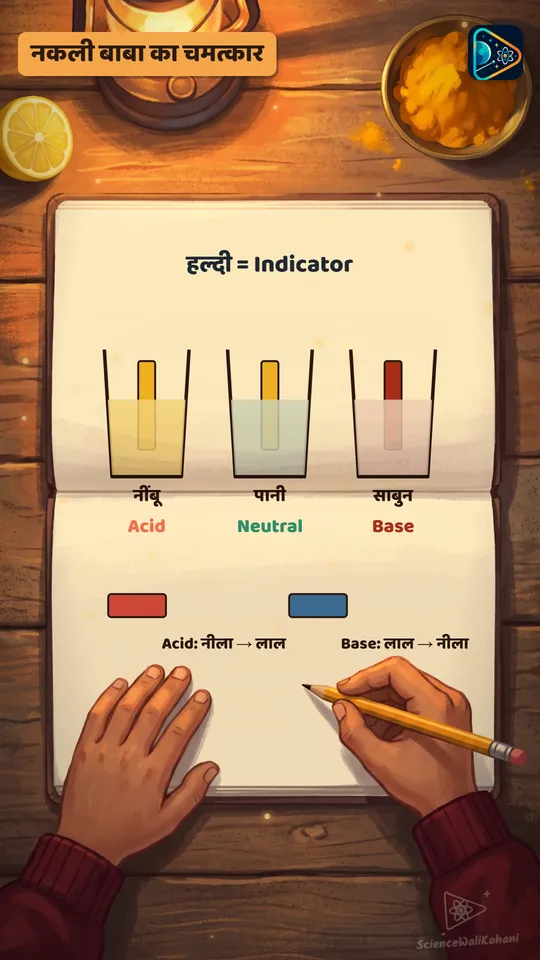 एसिड और न्यूट्रल पानी में हल्दी पीली रहती है, बेस में लाल हो जाती है। लैब में लिटमस भी यही बताता है।