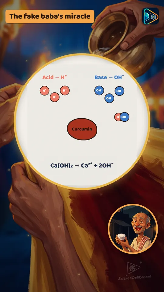 Inside the baba's pot: chuna splits into Ca²⁺ and OH⁻ ions.