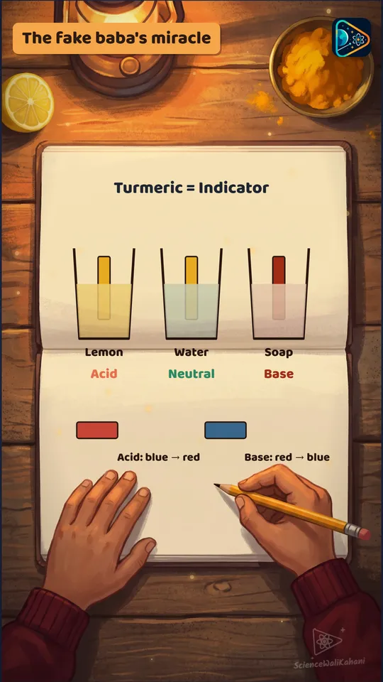 Turmeric stays yellow in acid and neutral water, and turns red in a base. Litmus shows the same thing in the lab.